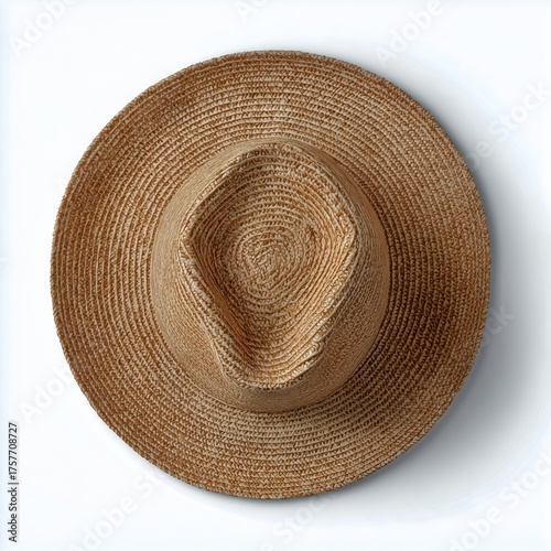 Woven Straw Hat With a Wide Brim Placed on a Light Background