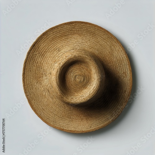 Woven Straw Hat With a Wide Brim Placed on a Light Background