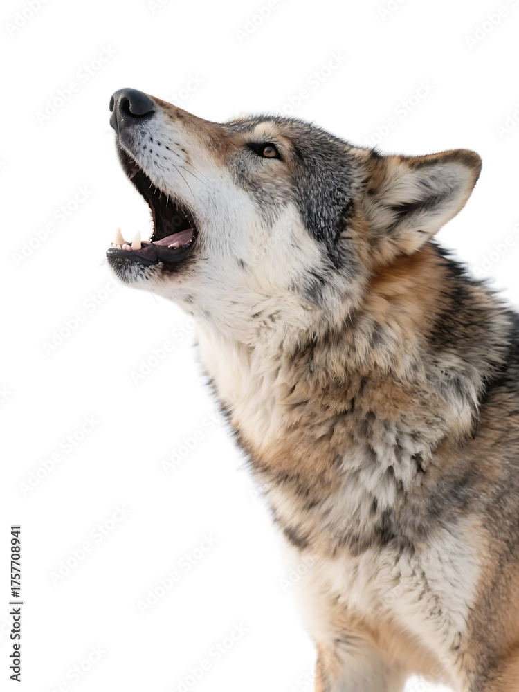 Fototapeta premium A wolf is shown howling with its mouth open, displaying its teeth and fur in a natural environment.