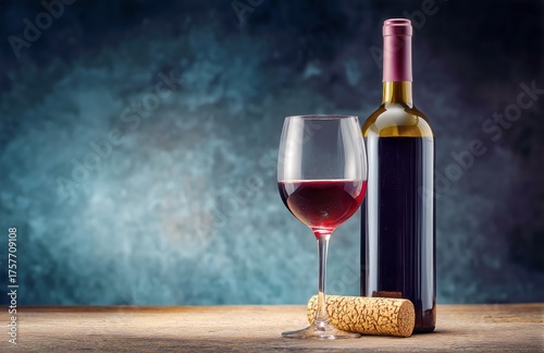 Elegant Red Wine Bottle and Glass on a Table With Corks Against a Moody Backg...
