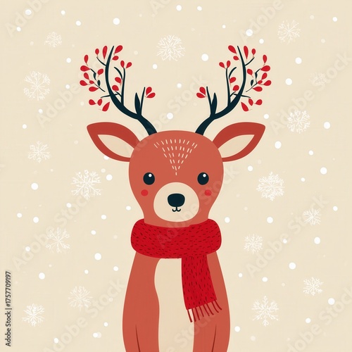Charming festive illustration featuring a cute brown reindeer with a red scarf and decorative antlers among falling snowflakes, ideal for Christmas cards, winter prints, and holiday decor.