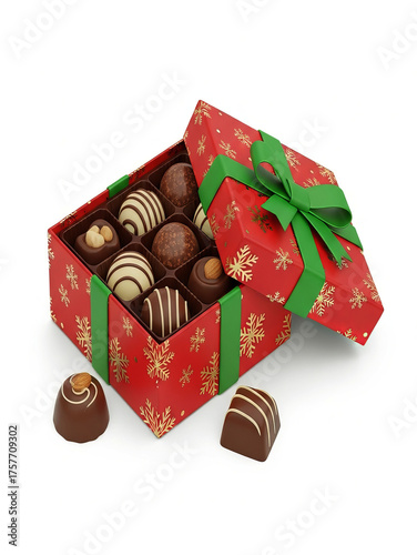Open Christmas Gift Box Filled With Chocolates truffles