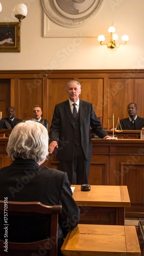 An attorney presents arguments in court, with judges in the background