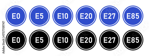 Ethanol fuel labels E0 E5 E10 E20 E27 E85 petrol sticker set vector circle icons. Gasohol bioethanol green alternative fuel badges.