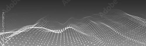 An abstract black and white wave of glowing dots, creating the illusion of moving waves on a light background. The visualization resembles a dynamic vector 3D wave that combines technology and art of