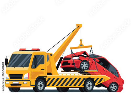 Tow Truck Transporting Crashed Car Vector Illustration
