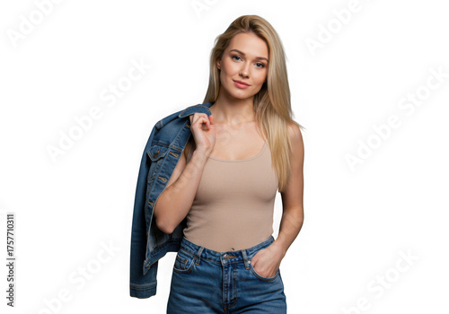 Young woman wearing denim jacket and jeans isolated on transparent background