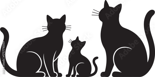 Three black cat silhouettes sitting on white background