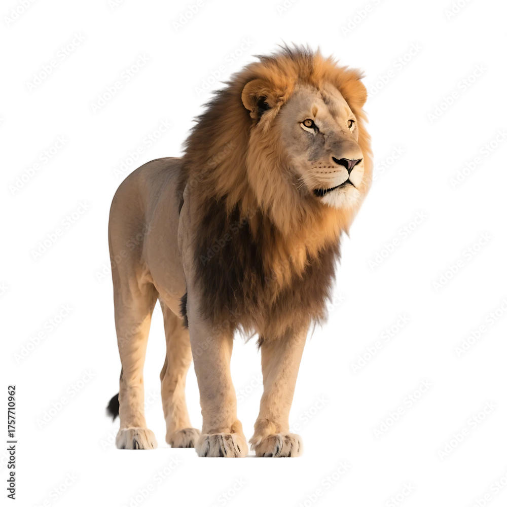 Obraz premium A majestic male lion with a full mane stands alert, showcasing its strength and presence in the wild.