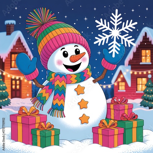 Happy snowman with gifts and christmas tree.