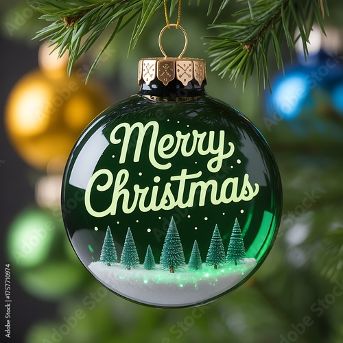 Green christmas ornament with merry christmas typography.