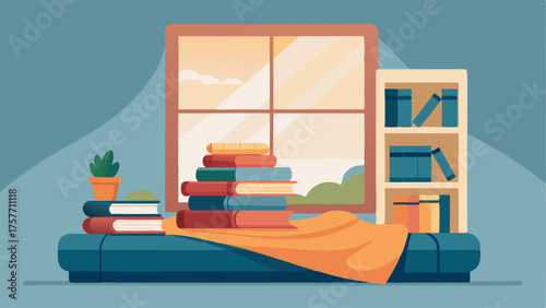 A cozy reading nook with a large window featuring a cushioned window seat and a stack of books on a nearby shelf. A creamcolored knitted blanket is draped over the seat.