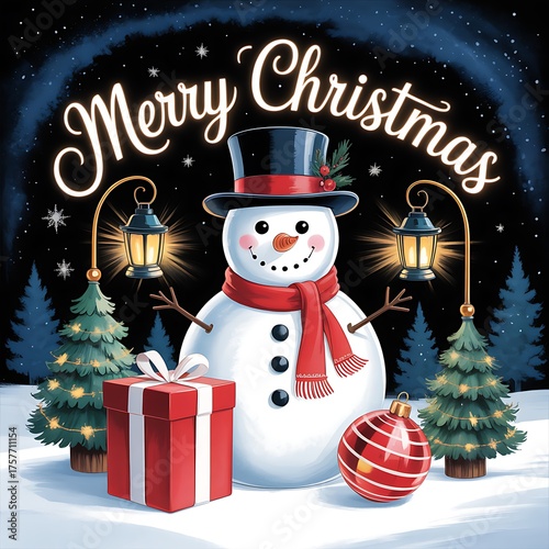 Merry christmas with snowman and gift box at night.