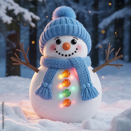 Cute snowman with blue hat and scarf in winter.