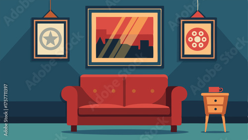 A framed vintage movie poster hanging above a velvet loveseat creating a fun and eclectic vibe.