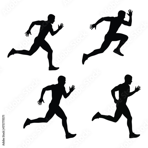 Four dynamic silhouettes of athletes in mid-stride capturing athleticism and movement vector