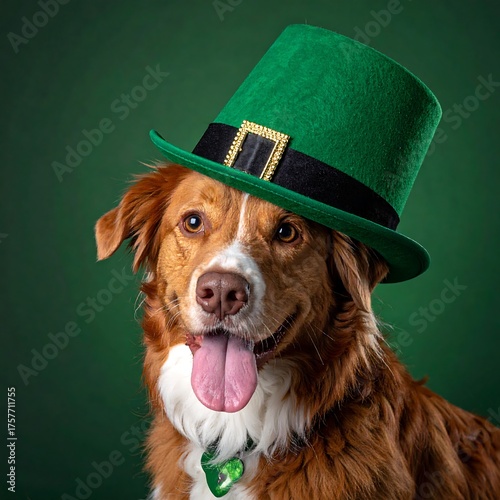 Adorable dog wearing a green leprechaun hat, on a dark green background
