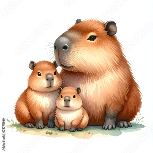 Adorable family of capybaras, two youngsters with a larger adult