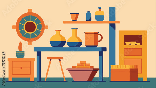A corner dedicated to pottery with a pottery wheel workbench and shelves for clay supplies.