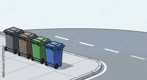 Trash cans with wheels lined up on sidewalk near the road  