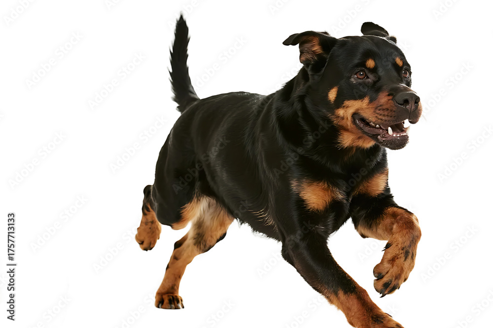 Obraz premium A Rottweiler dog is seen running energetically on a plain white background, showcasing its athletic build and lively demeanor.