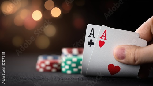 Hand holding poker cards with two aces and chips on table, gambling and casino theme
