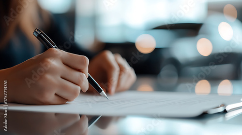 A person is signing a document with a pen, symbolizing agreement, commitment, or legal processes. The soft focus background suggests a professional or formal setting.