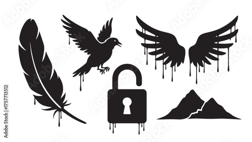 Vector art of set of black graffiti style icons including a feather, bird, lock, wings, and mountains