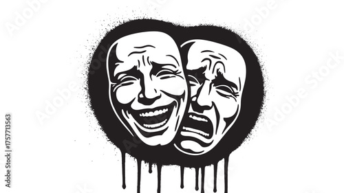 Vector art of black and white graffiti style theater masks representing comedy and tragedy