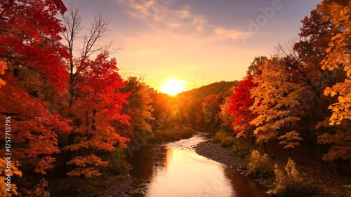 Autumnal river scene with colorful trees and golden sunset sky