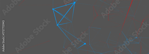 An abstract network of fine lines and nodes forms a dynamic structure in blue and red tones. Geometric shapes create a sense of digital communication, technology and virtual space.