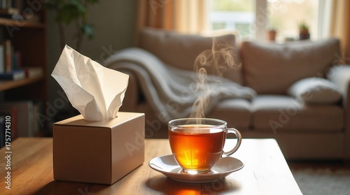 Clear glass cup of steaming tea next to a tissue box on a wooden table in a cozy living room, ideal for cold relief, wellness, and home comfort themes