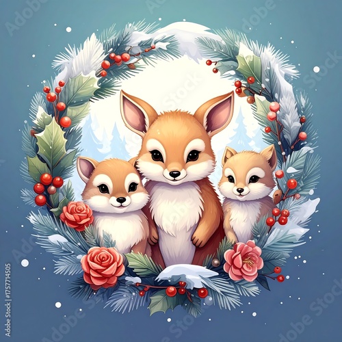 Adorable fox family nestled in a festive winter wreath setting