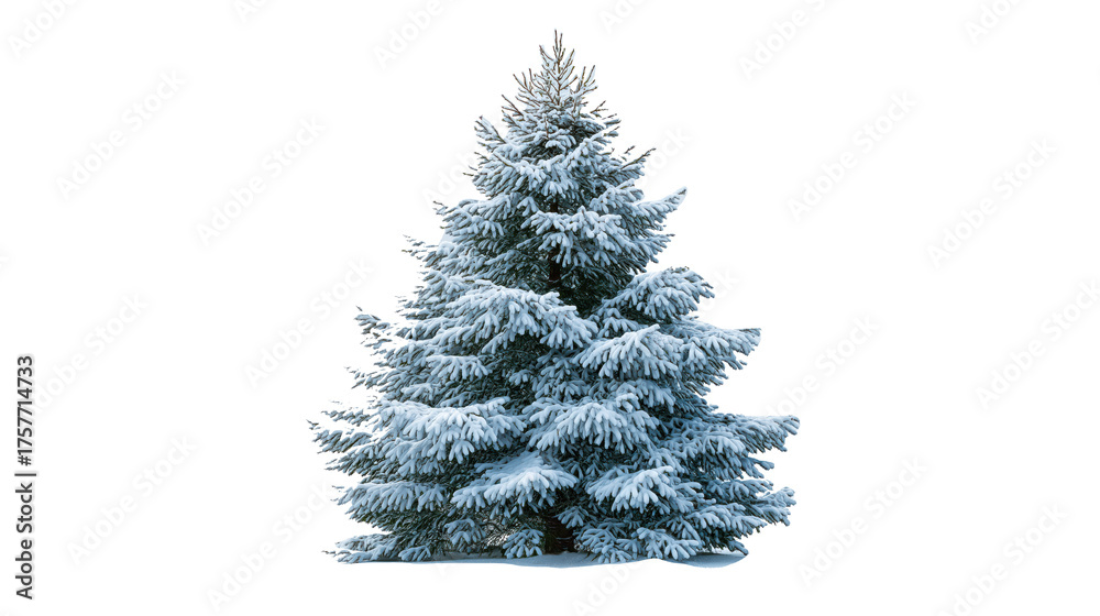 Fototapeta premium Snow-covered Christmas tree isolated on transparent background, single realistic pine tree in centered composition with clean white margins, photorealistic winter concept.