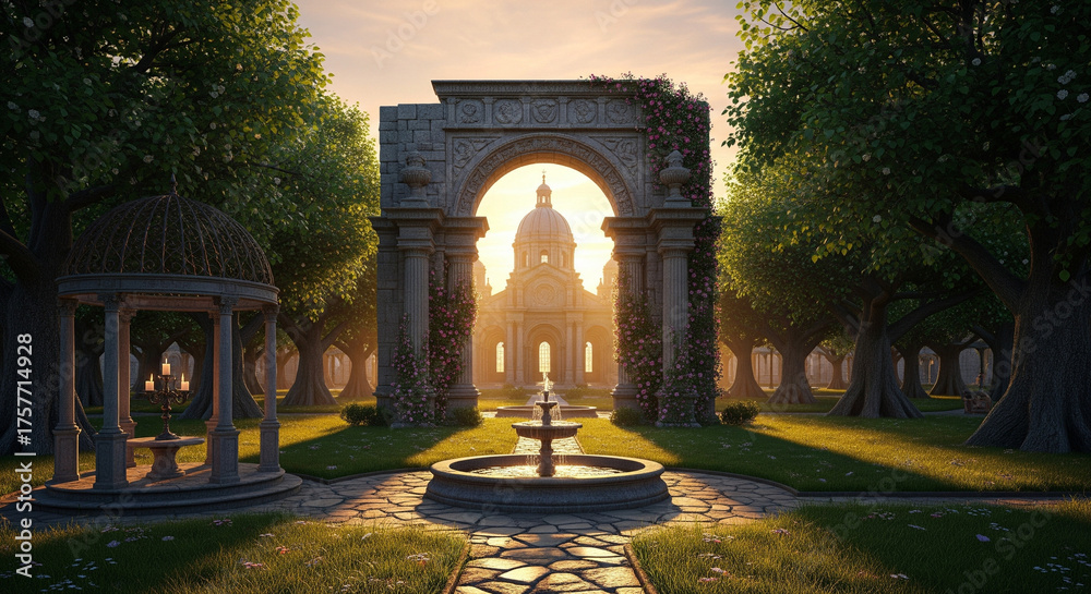 Fototapeta premium The Royal Cathedral Park with its Gothic stone columns and medieval ruins.