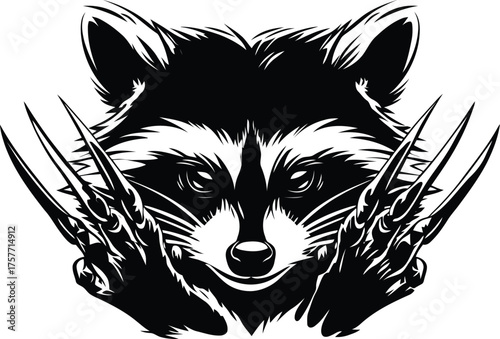 Fierce raccoon with wolverine claws iconic pop culture mashup t-shirt design vector
