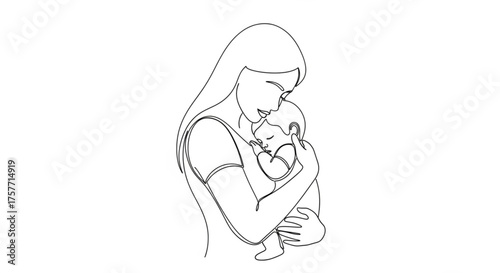 Continuous Line Art: Woman Holding Child – Minimalist Black and White Illustration of Tender Embrace