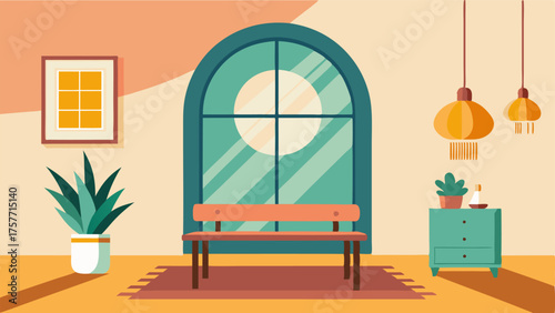 A bright and airy entryway with a Scandinavian bench a retroinspired mirror and a statement pendant light.