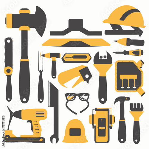 Set of tools vector illustration with construction tools, hammers, saws, screws, levels, helmet