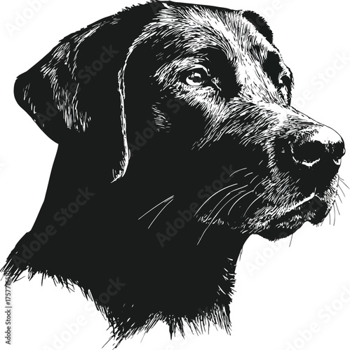 Detailed black labrador dog portrait headshot realistic rendering graphic design vector