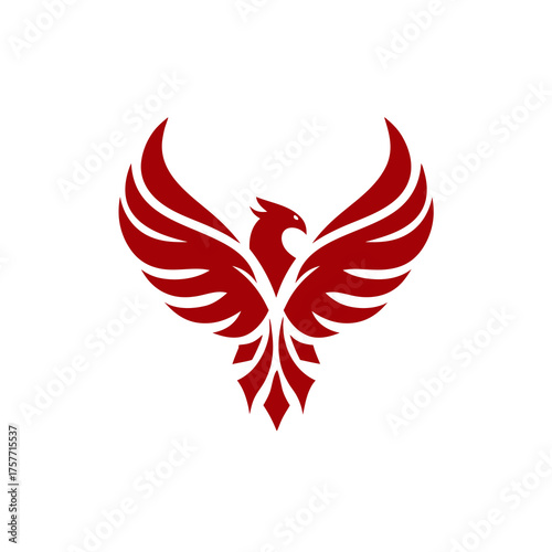 Stylized Red Phoenix or Eagle Bird with Spread Wings Rising in Flight, Isolated Vector Graphic for Strength and Freedom Concept