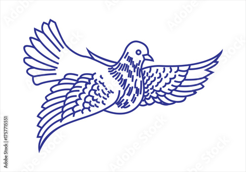 Dove flying with wings spread, symbolizing love and peace, isolated on white background vector illustration in blue