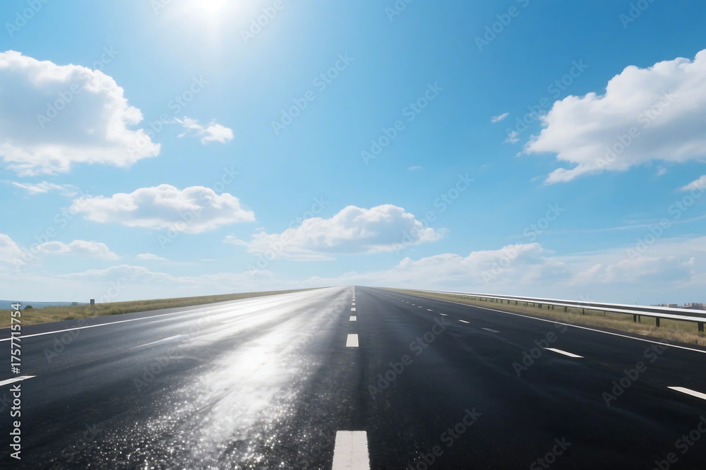 Naklejka premium A sunny highway with clear sky and white clouds, showing a smooth and open road ahead.
