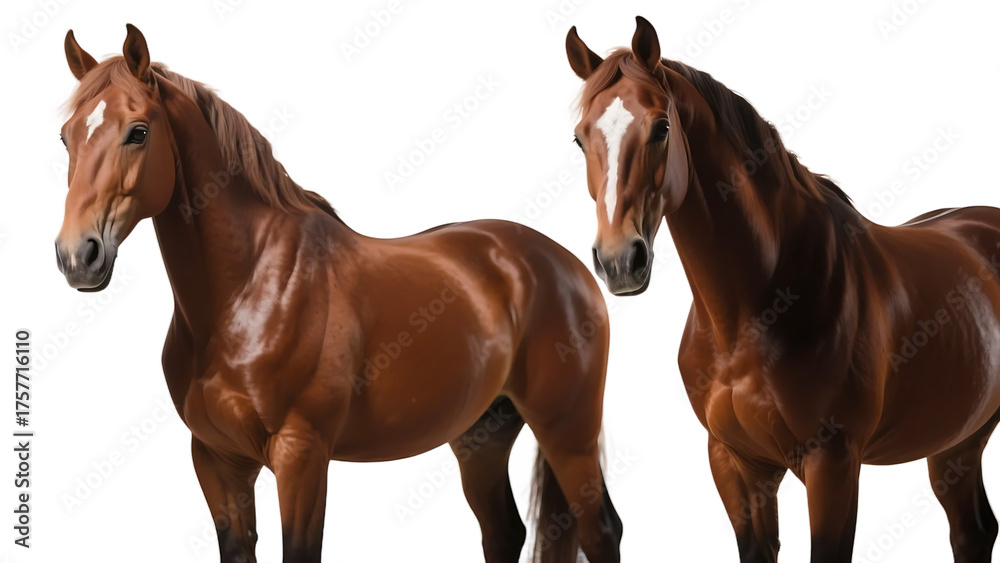 Obraz premium Two brown horses with white markings on their faces are standing side by side against a plain background.