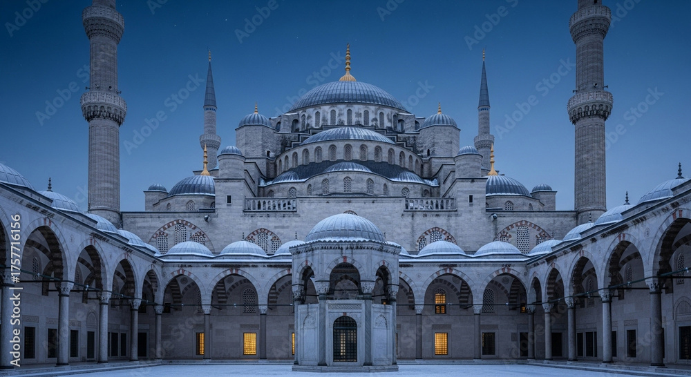 Fototapeta premium The blue mosque in istanbul, turkey, covered in snow during a winter day, showcasing its grand courtyard