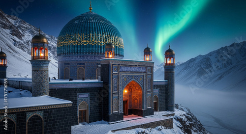 A beautiful mosque nestled in a snowy mountain landscape under the vibrant aurora borealis at night