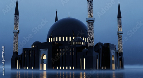 A majestic mosque illuminated at night with intricate minarets and a large dome, reflecting on the water