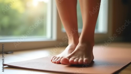 Bare feet on yoga mat near window.