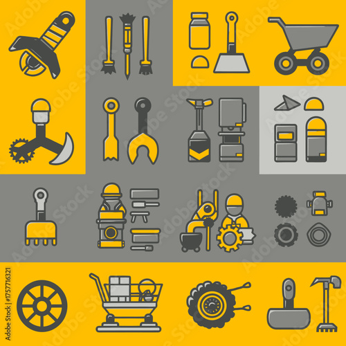 A grid of industrial tool and equipment icons in a yellow and grey color scheme
