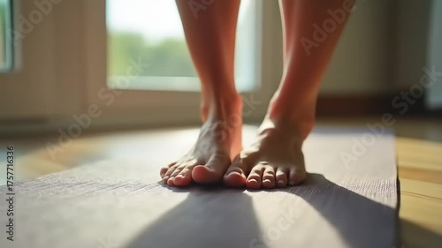 Bare feet on yoga mat with indoor.